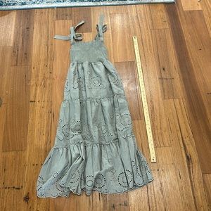 Green Zara Eyelet Cutout Embroidered Smocked Tie-Shoulder Midi Dress